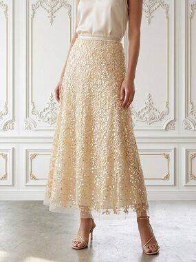 NWT Needle & Thread Seren Ballerina in Champagne Sequin Tulle Maxi Skirt 12